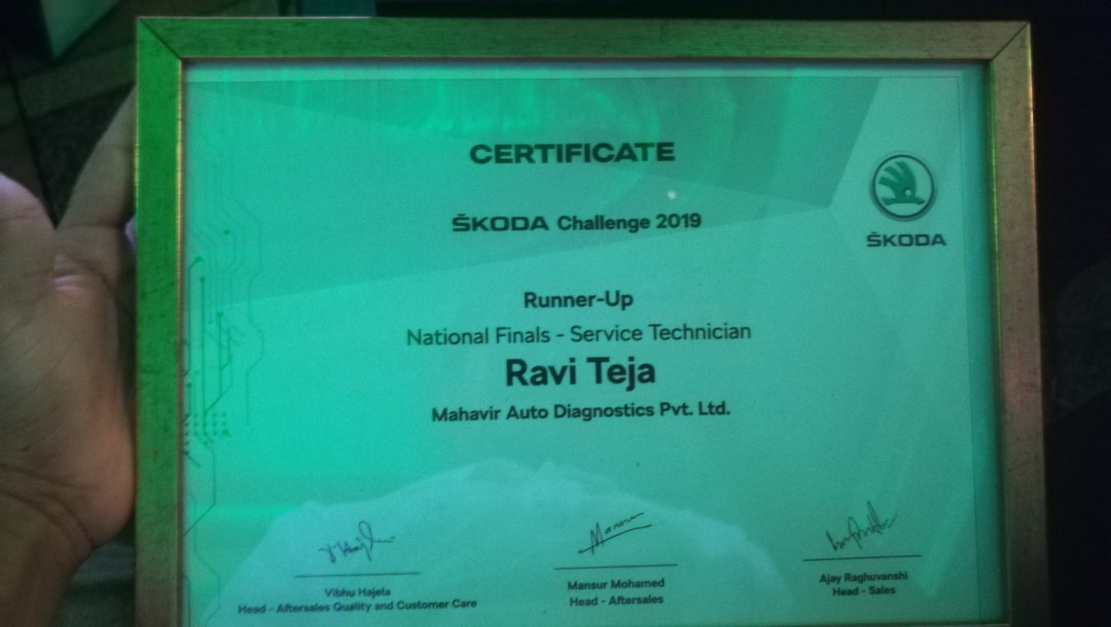 Škoda Challenge 2019 Runner-Up certificate