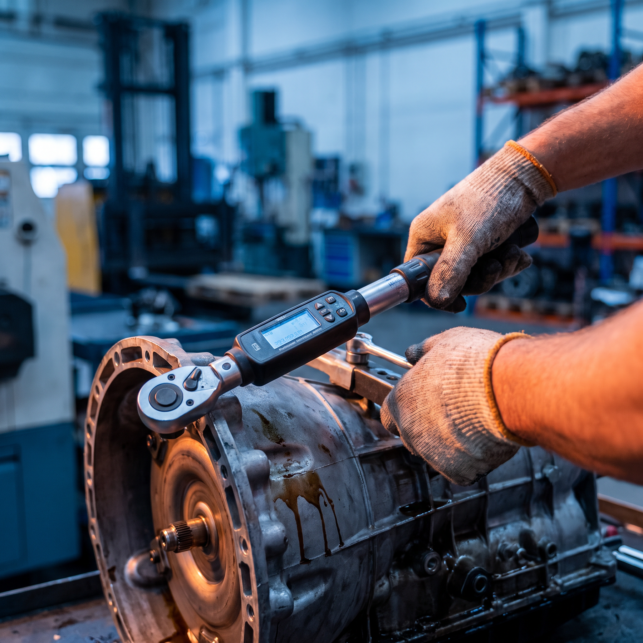 Clutch and transmission service work in a workshop