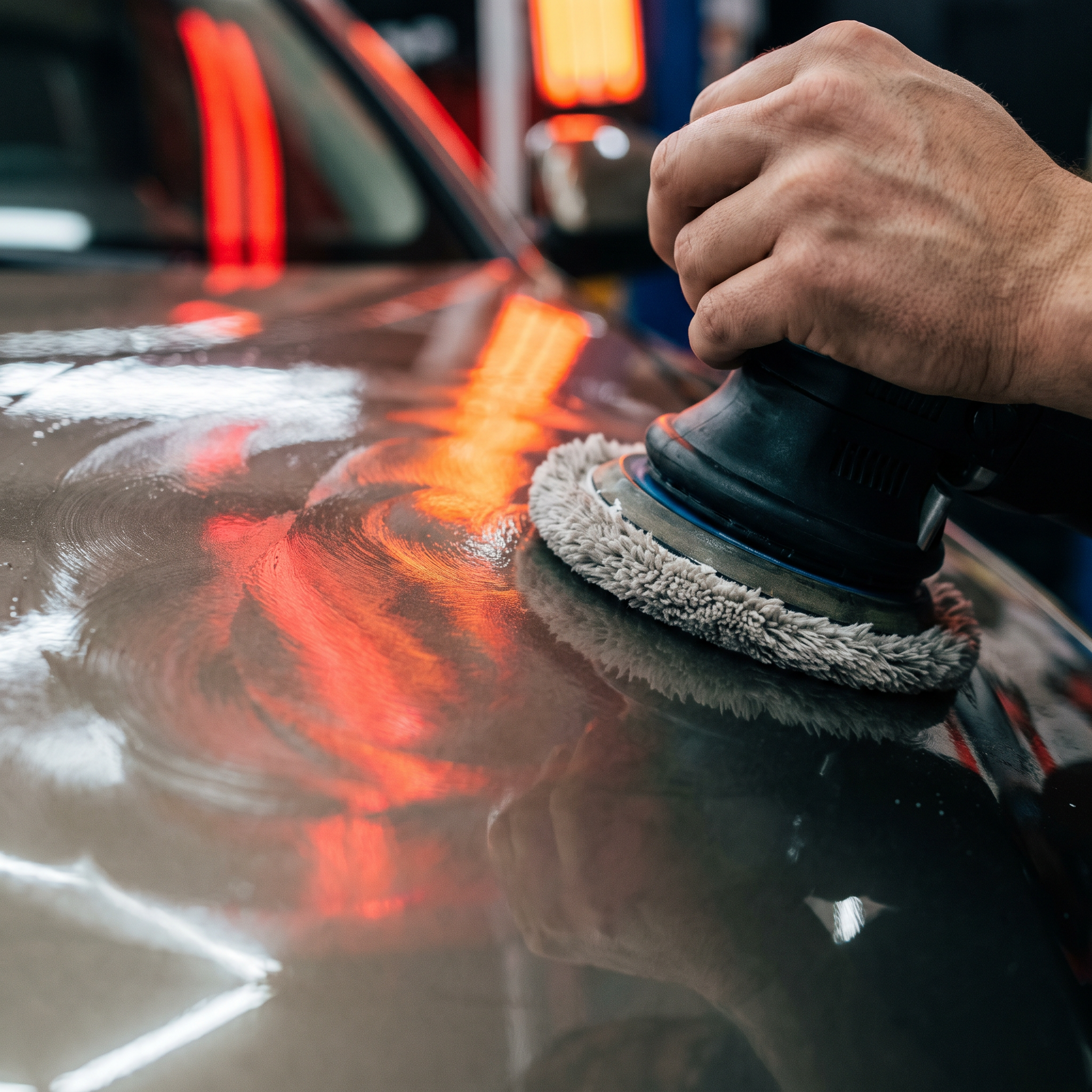 Paint and polish work on a glossy car surface