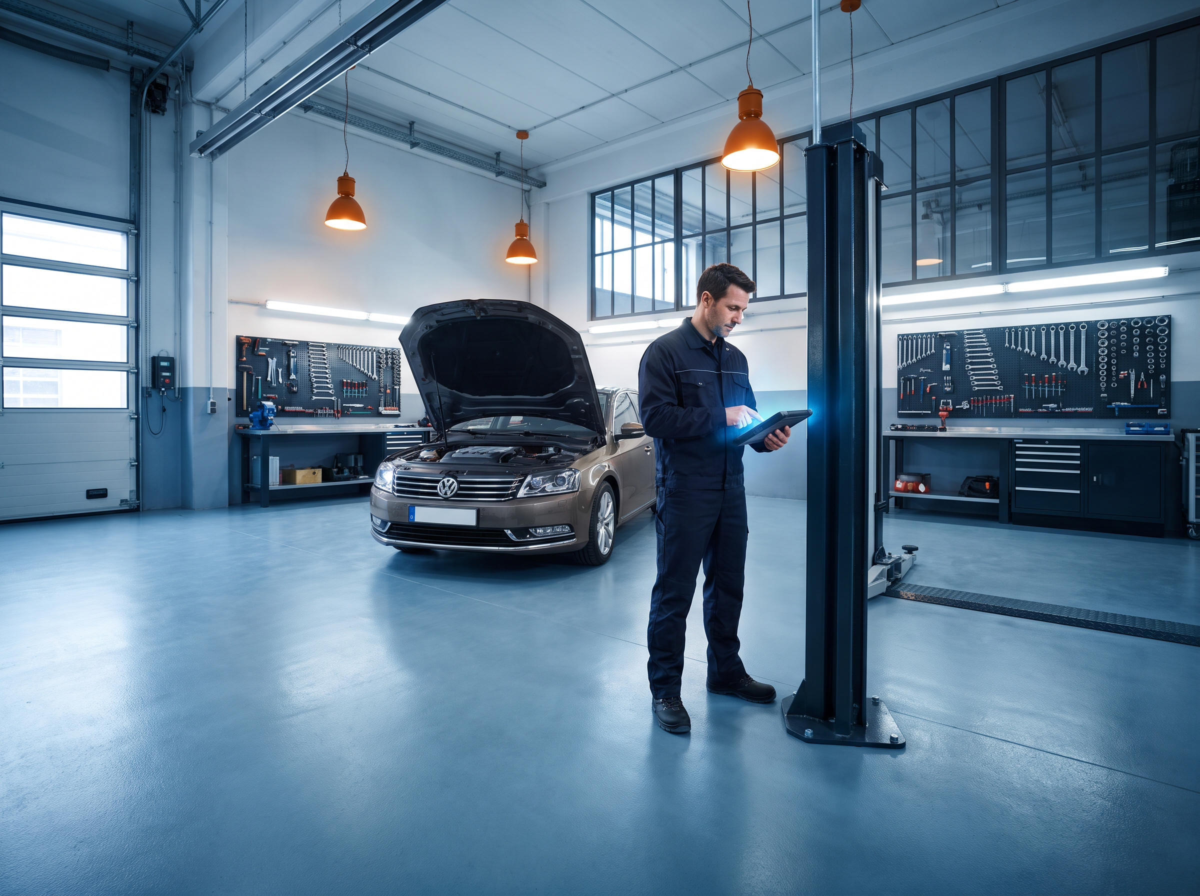 Wide view of Shri Balaji Car Tech workshop interior and service bays
